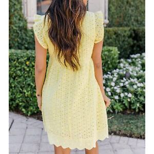 (Yellow L)V Neck Dress Lace Hollow For Women Ruffled Sleeves Dress LVE