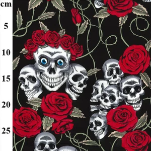 Cotton Fabric - Black Skulls & Red Roses - Craft Fabric Material Metre - Picture 1 of 4