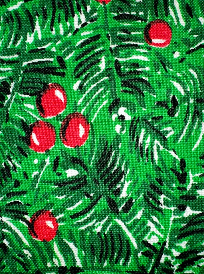 复古 50 年代 MCM 常绿圣诞节亚麻桌布 48 英寸 x 75 英寸带红色绒球特别 — 第 1/4 张图片