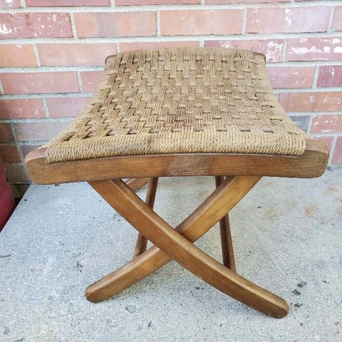 Vintage Footstool Bench Folding Braided Weaved Top Solid Wood Cover