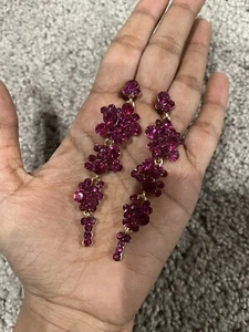 Pink Fuchsia Earrings Long Dangle Pageant Rhinestone Crystal Magenta 3.25” - Picture 1 of 12