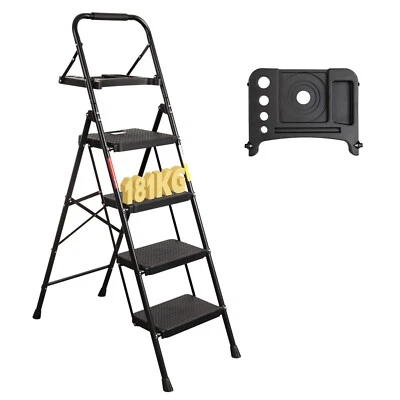 ICD-WALL-BRACKETS 4 Step Ladder with Wide Anti-Slip Pedals, Folding Step Stool, Capacity 180KG