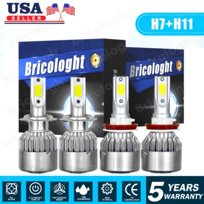 Combo H11 H7 LED Headlight Bulb Kit High Low Beam Super Bright 6000K Xenon White - Image 1 of 4