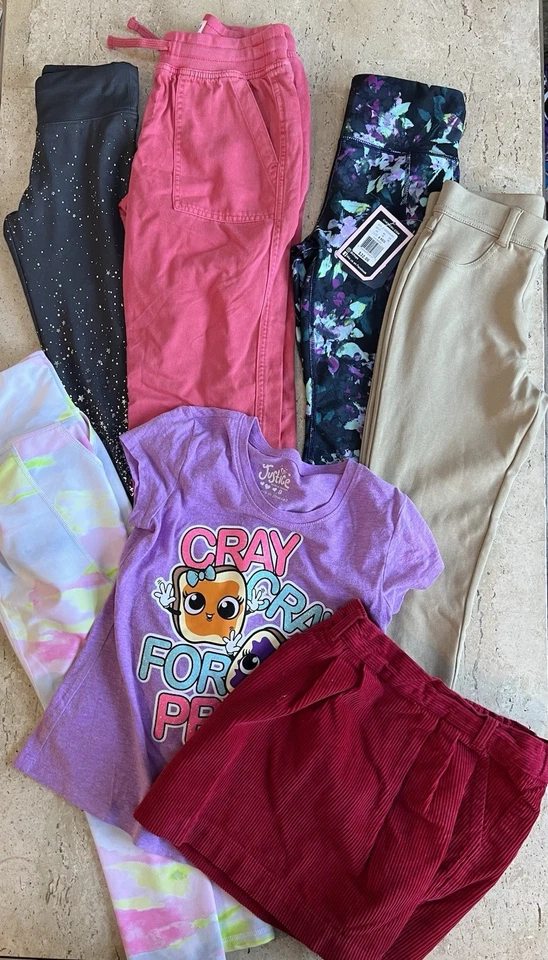 Paquete de paños para niñas talla 8, leggings, pantalones, camiseta, falda corta 7 piezas Foto 1 de 4