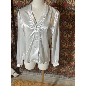 Blusa de satén blanca de la colección Ellen-D para mujer M botón delantero manga larga - Imagen 1 de 3