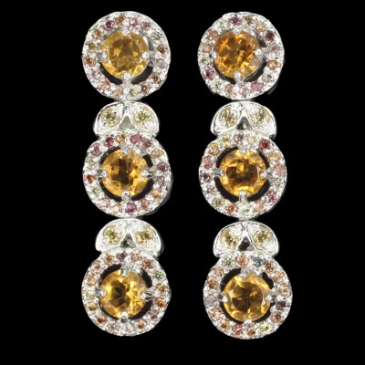 925 Sterling Silver Earrings Round Citrine Sapphire Diamond Cut Gemstone Jewelry - Image 1 of 4