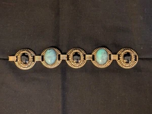 Large Vintage Bracelet 7.5" Long Black & Turquoise Faux Stones Chunky Gold Tone - Picture 1 of 10