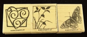 Stampin' Up! 2004 3 Piece Wood Mounted Stamp Set ~ Butterfly, Heart, & Nature - Picture 1 of 2