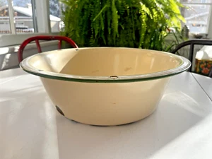 Antique Metal Enamel Wash Basin Beige And Green 15" tapers to 10" - Picture 1 of 7