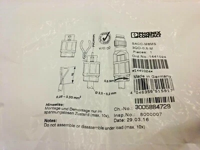 PHOENIX CONTACT SACC-M8MS 3QO.0,5-M PLUG IN CONNECTOR (1441024) NIB - Image 1 of 4