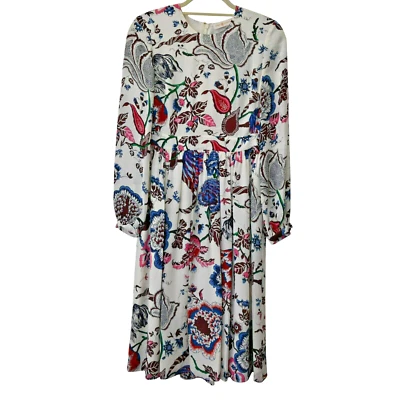 Tory Burch Silk Dress Sz 0 Cream Blue Red Floral Long Sleeve Midi Length Pockets - Изображение 1 из 4