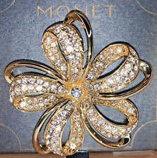 Monet Crystal Floral Bow Holiday Sparkler Christmas Xmas 2” Brooch NIB With Box