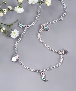 925 Sterling Silver Necklace fashion oval link chain with Star Moon Heart charms - Picture 1 of 4