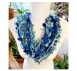 Crochet fancy pastel light blue-blue fringed necklace -neck wrap-woman - Picture 1 of 4