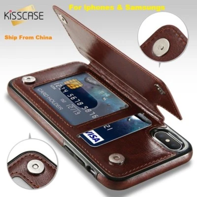 KISSCASE Funda Retro de Cuero PU PARA iPhone Samsung Portatarjetas Abatible Billetera Cubierta Foto 1 de 4
