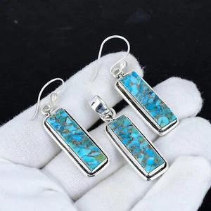 Rame Turchese Gemma 925 Pendente Argento Sterling E Orecchini Gioielli Set - Foto 1 di 4