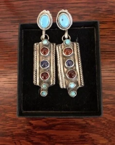 TURQUOISE ~PETITPOINT~ HESSONITE, SAPPHIRE & PERSIAN EARRINGS~STERLING~NOS - Picture 1 of 9