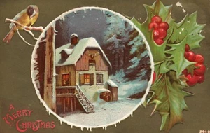 Wood Cabin On Winter Night Bird Sleeping And Holly Christmas Postcard - Picture 1 of 2