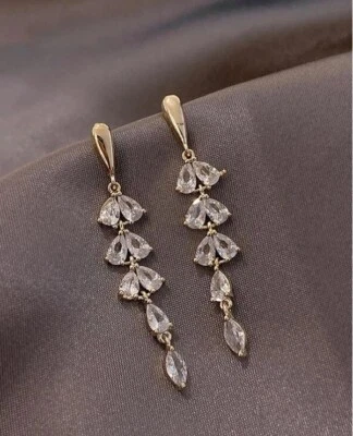 Womens Long Rhinestone Leaf Dangle Drop Decor Gold Metal Earrings Wedding Party - Image 1 of 3