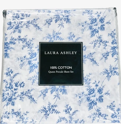 Sapphire Toile Queen Crisp Cool Cotton Percale Sheet Set Laura Ashley Fedonia - Image 1 of 4