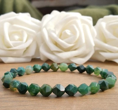 Faceted Green Moss Agate Bead Stretch Bracelet, Natural Stone Beaded Bracelet Foto 1 de 4