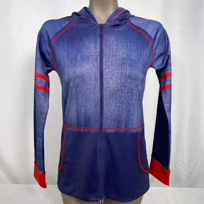 Sudadera con capucha con cremallera para mujer David Cline Athleisure azul estampado de mezclilla detalles rojos XS Foto 1 de 4