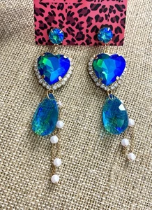 Bahama Blue Heart White Crystals Pearls Dangle Betsey  Johnson Earrings - Picture 1 of 6