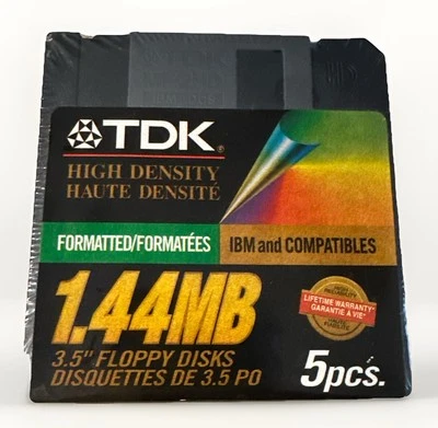 Paquete de 5 disquetes de alta densidad TDK formateados de 1,44 MB ~ NUEVOS sellados Foto 1 de 3