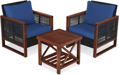 Juego de muebles de patio de mimbre de 3 piezas, sofá de mimbre exterior con marco de madera de acacia, Foto 1 de 4