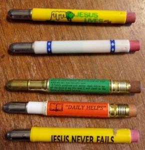VINTAGE LOT OF 5 BIBLICAL CHRISTIAN JESUS BULLET ADVERTISING PENCILS  - Picture 1 of 3