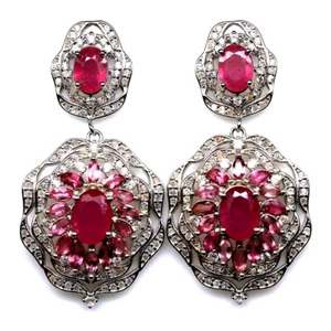 925 Sterling Silver Red Ruby, Tourmaline & Zircon Earrings White Gold Plated - Picture 1 of 4
