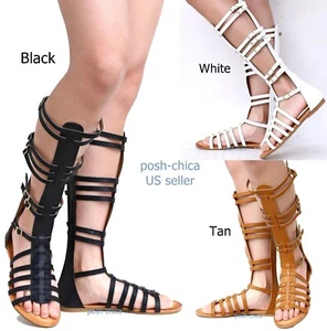 New Women Tan Black White Strappy Gladiator Knee High Tall Sandals - Picture 1 of 14