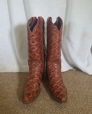 Nocona Cognac Brown Pirarucu Print 6.5B Bessie Snip Toe Cowboy Boots Beyonce  - Image 1 of 4