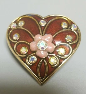 Vintage Enamel and Gold Tone Heart Brooch Pin Flower Aurora Borealis Rhinestones - Picture 1 of 6