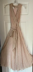 DANA BUCHMAN VINTAGE SILK LONG SWING DRESS IN BEIGE POLKA DOT PRINT 10 STAINED - Picture 1 of 14