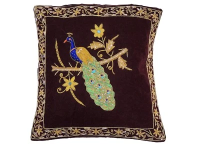Dark Brown Peacock Dabka Work Embroidered Pillow Cover Couch Sofa Throw Cushion - Image 1 of 3