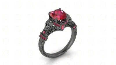 Anillo Calavera Gótica Dos Calaveras Granate Corte Cojín Rojo 3Ct Plata de Ley 925 Sólida Foto 1 de 4