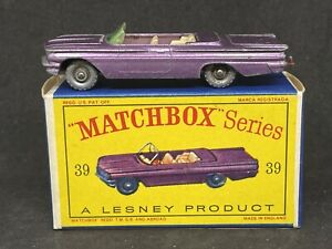 Matchbox Lesney 39 B1 Pontiac Convertible (Purple w SPW) & *MINT  Type D2 Box