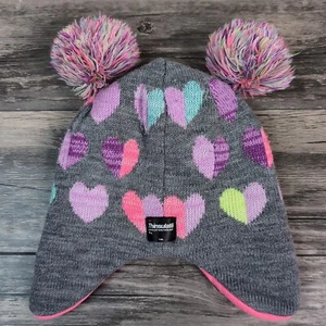 Thinsulate Pom Beanie Hat 80 Gram Youth Girls Hearts Ear Flaps One Size Winter - Picture 1 of 7