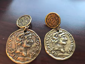 Retro Coins Ancient Greek Portrait Earrings Vintage Coins Gold Plated clip on - Picture 1 of 3