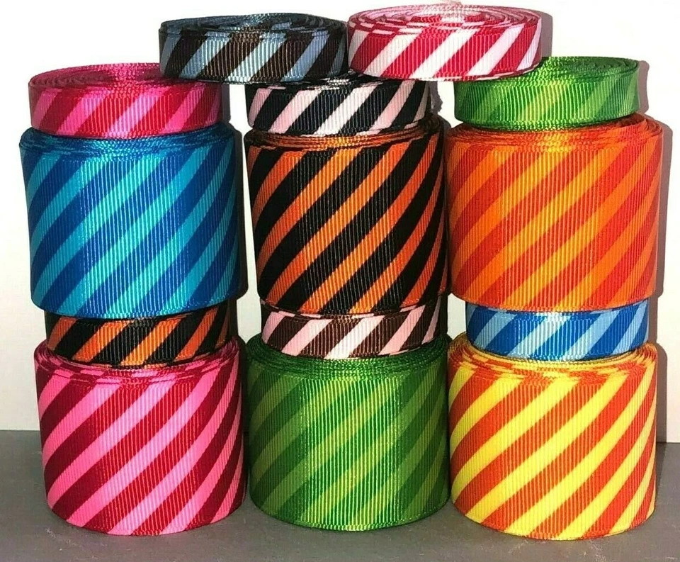 5 yards Diagonal Stripe Grosgrain Ribbon U Pick Color & Size 3/8" 7/8" & 1 1/2" - Image 1 of 1