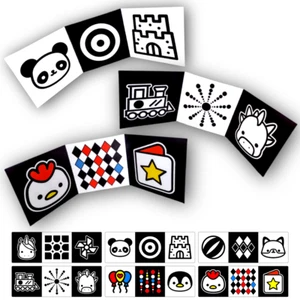 NEU 18 Design Baby sensorisches Klappbrett schwarz weiß Farbe Flash Karten 0-6 Monate - Bild 1 von 2