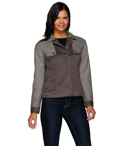 Lisa Rinna Collection Mixed Media Motorcycle Jacket in Charcoal Color Size 8 - Picture 1 of 5