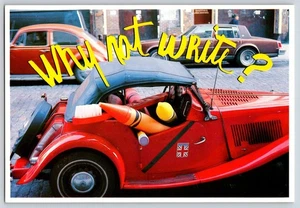 Postcard Greeting Why Not Write? Large Crayons In Car 4x6 - Picture 1 of 3