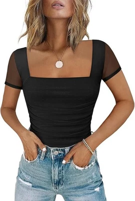 NUEVO XS Para Mujer Negro Malla Cuello Cuadrado Body Manga Corta SEXY Informal Ropa de Trabajo Foto 1 de 4