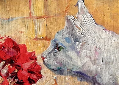 Cat# 212 Original ACEO Oil Painting, "Hummm "  ATC by Lee Ellen Smith - Image 1 of 2