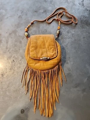 Vintage Designer Rafael Sanchez Boho Small Purse Leather Fringe, Yellow - Image 1 of 4