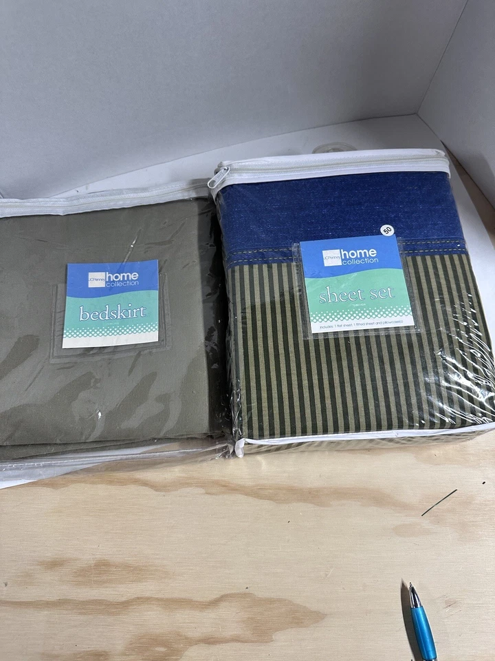 Vintage JC Penney Full Sheet Set And Bed skirt Blue Striped With Denim Trim New - Image 1 of 4