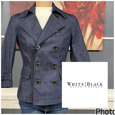 Blazer de mujer White House Black Market talla 2 chaqueta elástica de mezclilla doble pecho Foto 1 de 4