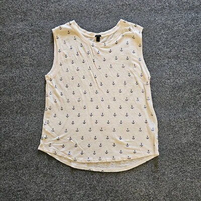 Regata feminina J Crew média branca linho âncoras náuticas gola redonda preppy - Imagem 1 de 4